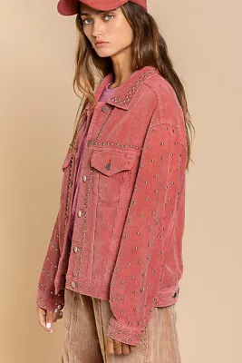 POL Clothing Studded Corduroy Button Down Jacket In Tomato  • $58