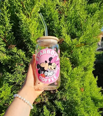 Mickey Minnie Mouse Love 16oz Glass Cup With A Straw And Bamboo Lid And Brush. • £13.99