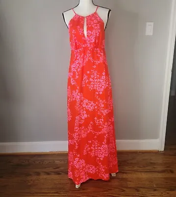 Sun Mates Hawaiian Maxi Dress Women's Medium Coral Red Floral Adjustable Strap • $24.95