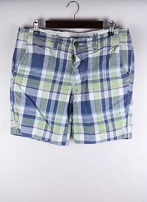 Abercrombie & Fitch Men Chino Shorts Casual Blue Green Check Cotton Size 33 • £29.94