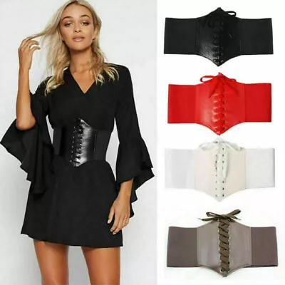 Ladies Women Waist Cincher Wide Band Elastic Tied Waspie Corset Leather Belt Uk • £3.99