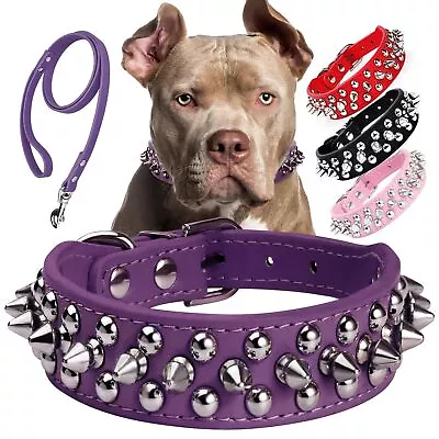 Spiked Studded Dog Collar With A Leash Rivet Artificial Leather Dog Collars... • $21.81