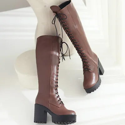 Women Knee High Combat Boots Lace Up Block Mid Chunky Heel Platform Knight Shoes • $56.06