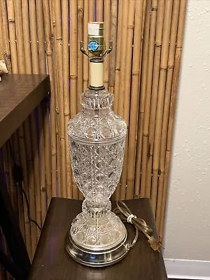 Vtg Gold Tone Diamond Cut Crystal Glass Table Lamp - Tested No Shade. • $72