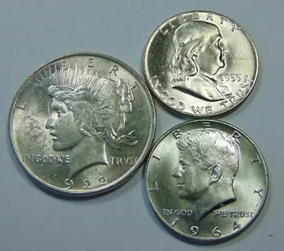 Three Vintage 90% Silver Coins ~ Peace Dollar Franklin Half Kennedy Half • $65