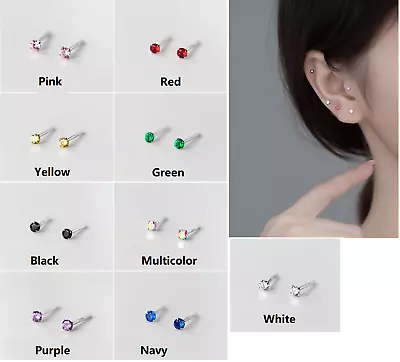 GENUINE SOLID 925 STERLING SILVER CZ STUD EARRINGS 2mm TINY WOMEN GIRL • $4.95