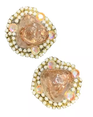 Vintage WOW  Estate 1950’s AB Crystal Milk Glass Button Style Clip Earrings • $29.18