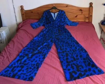 TALL Jumpsuit Size 18 Wide Leg Pockets Blue Leopard Print Flowing Short Sleeves • £35