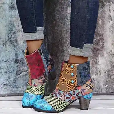 Vintage Women Splicing Printed Ankle Boots High Heels Short Boot Thick Heel Pump • $47.30