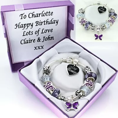 PERSONALISED Bracelet FREE Engraving Purple Beads Birthday Jewellery Gifts • £15.95