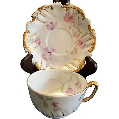 Limoges T&V France Porcelain Tea Cup And Saucer Floral Design Gold Gilt • $60