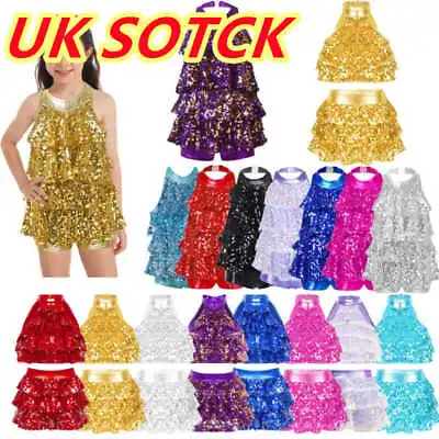 UK Girls Sequin Latin Dance Dress Leotard Sequins Samba Ballroom Dance Costume • £15.27