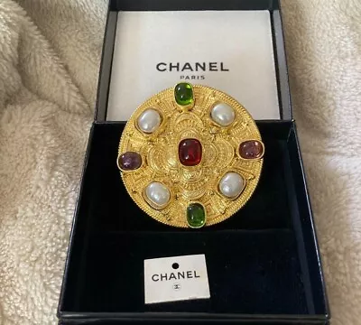 Vintage CHANEL 1984 Multicolor Gripoix And Pearl Gold Tone Brooch 2.16 In • $2480