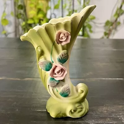 Green Cornucopia Vase Handpainted Made In Japan • $12.99