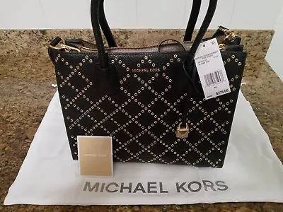 New Michael Kors Mercer Stud & Grommet Lg Convertible Black Leather Tote Purse • $189.99