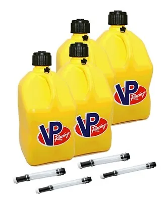 VP Racing 4 Pack Yellow 5 Gallon Square Fuel Jug Gas Can Racing / 4 Fill Hoses • $124.95