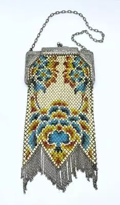 Art Deco Mandalian Enamel Mesh Flapper Purse W/ Silver-Tone Frame & Paper Tag • $119