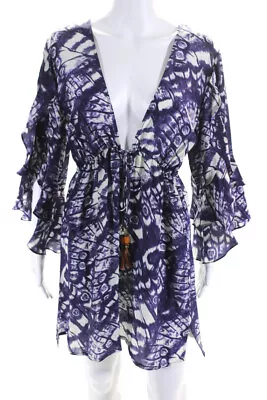 Vix Paula Hermanny Womens 3/4 Sleeve V Neck Abstract Dress Purple White Medium • $42.69