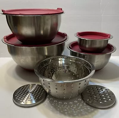 WOLFGANG PUCK Mixing Bowl Set 6 QT Red Stainless Lids Grater Berry Bowl No Skid • $20.99