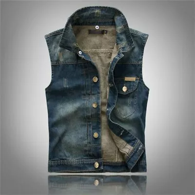 Men Denim Vest Jeans Biker Jacket Cowboy Sleeveless Waistcoat Hooded Detachable • $75.20