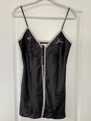 Victoria’s Secret Black Lingerie Size Medium Open Teddy Babydoll Tie Pink Lace • $14