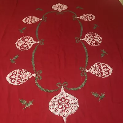 Vintage CHRISTMAS  Tablecloth 52x 83 RED  HAND EMBROIDERY Ornaments Detail • $49.47