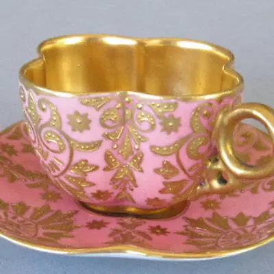 Antique COALPORT Porcelain PINK Quatrefoil Demi Cup Saucer W Raised GILT Enamel • $52