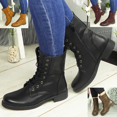 Ankle Boots Shoes Ladies Biker Zip Lace Up Army Combat Winter Casual Womens Size • £22.99