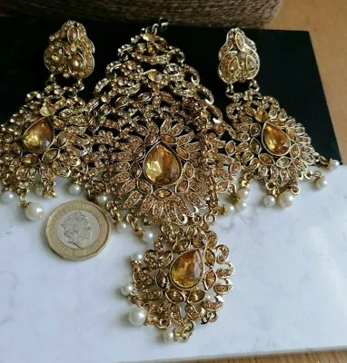 New Indian Party Wedding Gold Tone Gems Tikka Headpiece & Earrings 4 Pieces  • £5.50