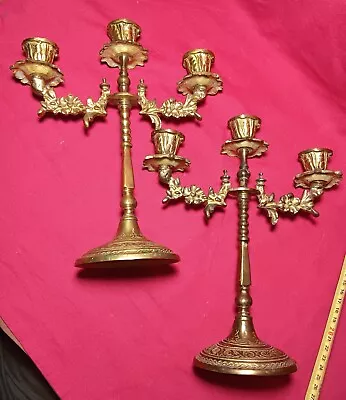 Vintage Pair Of 3 Arm Solid Brass Heavy  Candelabra Candle Holders 9.75  X 8.5   • $54