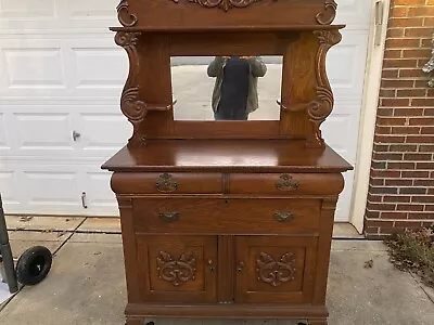 Antique Victorian Oak Buffet With Ornate Carved Accents Mirror Dovetail Drawers • $695