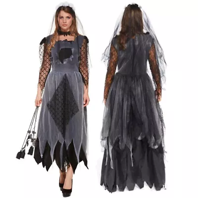 Womens Ladies Zombie Corpse Bride Costume Ghost Halloween Fancy Dress Size 10-14 • £13.95