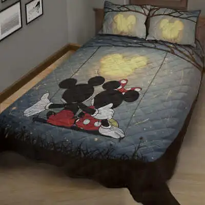 Happy Valentine's Day Mickey & Minnie Under Moon Quilt Bed Set • $76.50