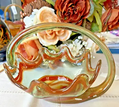 Murano-style Blown Art Glass Curved Autumn Fruit/candy Bowl-Orange-golds-browns! • $30