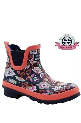 Simply Southern Rain Bootie Blue & Orange Floral Shortie Boots Size 68 NWT • $24.98