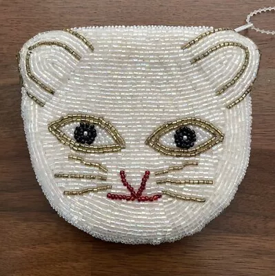 Beaded Coin Change ID Purse White Cat Feline Kitten Pocket Zipper Whiskers Face • $10