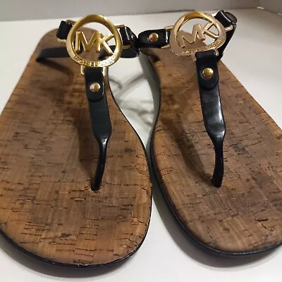 MICHAEL KORS Black/ Gold MK Logo Cork Slide Sandals Size 9 • $19.99