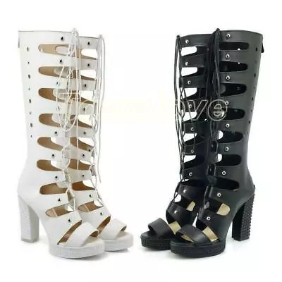 Womens Open Toe Lace Up Knee High Sandals Boots High Heels Shoes Gladiator Ladys • $64.79