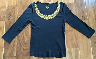 Women's Michael Kors Scoop Neck Navy Blue 3/4 Knit Shirt W/Gold Sequins Size M L • $7