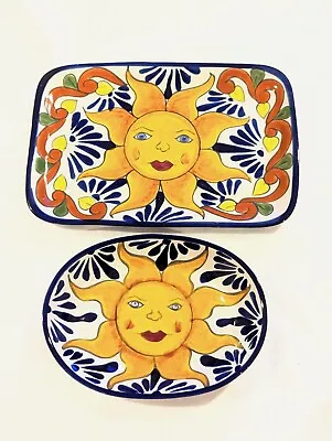 Set Of 2 Talavera Mexican Pottery Tray Dishes Hand Painted Sun Faces 9.25  & 7  • $17.49