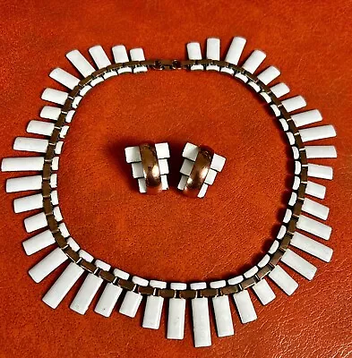 Vintage Matisse White Enamel & Copper Necklace & Clip Earrings • $99.99