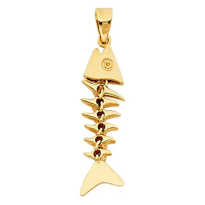 $176 • Buy 14K Yellow Gold Motion Fish Bone Charm Pendant For Necklace Or Chain