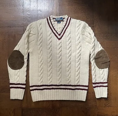 Vintage Polo Ralph Lauren Hand Knit Sweater - V Neck Tennis Cricket Cable Knit S • $299