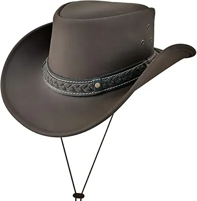 £16.55 • Buy Men's Aussie Brown Leather Western Cowboy Outback Hat Wide Brim And Chinstrap
