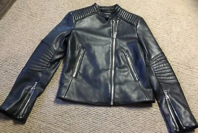 Zara Nasic Small Woman Black Coat Biker Style Faux Leather Zip Pockets & Sleeves • $24