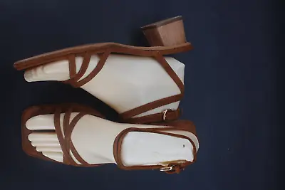 $24 • Buy Zara Brown Leather Sandals With Ankle Wrap Straps & Block Heel Size 37/6