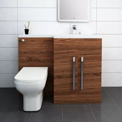 1100mm RH Walnut L Shape Bathroom Vanity Unit With Basin + Back To Wall Toilet • £494.97