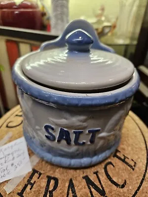 Vintage Crock Salt Box/container With Lid Blue/white • $23.50
