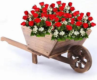 Wooden Wheel Barrow Planter Modern Garden Burnt Wood Flower Cart Ornamental Pot • £12.85