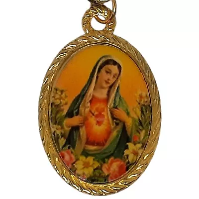 Holy Mary Mother Of God Pendant Necklace 24  Goldtone Chain Sacred Heart Flowers • $8.95